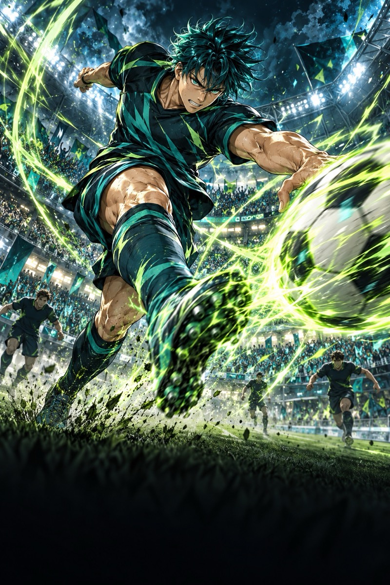 Illustration manga d'un joueur lançant une frappe spectaculaire